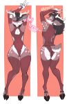 absurd_res andromorph anthro armwear clothing dakimakura farvvie fur gesture grey_body grey_fur hand_gesture hi_res hooves horn intersex legwear lying on_back on_front one_eye_closed simple_background smile solo stockings surprised_expression text thick_thighs v_sign white_background white_body white_fur wink