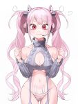  1girl alice_(nikke) ass_visible_through_thighs bare_shoulders blush breasts cleavage clenched_hands goddess_of_victory:_nikke headset highres korean_commentary long_hair looking_at_viewer oung69 panties pink_eyes pink_hair pout simple_background solo striped_clothes striped_panties twintails underwear white_background 