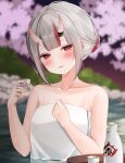  1girl alcohol alternate_hairstyle bare_shoulders blush choko_(cup) commentary_request cup hair_bun highres holding holding_cup hololive horns multicolored_hair naked_towel nakiri_ayame ohagetty oni onsen red_eyes sake skin-covered_horns solo streaked_hair tokkuri towel virtual_youtuber white_hair 