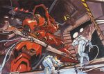  1980s_(style) 3boys astronaut beam_rifle boots cable char&#039;s_counterattack concept_art energy_gun gloves gundam hangar helmet hose machinery mecha mobile_suit multiple_boys official_art production_art promotional_art redesign retro_artstyle robot sazabi scan science_fiction sketch spacecraft_interior spacesuit traditional_media tube v-fin vernier_thrusters weapon 
