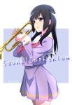  1girl artist_name black_hair copyright_name dated english_text hibike!_euphonium highres holding holding_instrument instrument jacket kitauji_high_school_uniform kousaka_reina looking_at_viewer neckerchief nii_manabu purple_eyes purple_jacket purple_skirt red_neckerchief school_uniform skirt smile solo trumpet white_background 