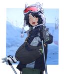  1girl ^_^ alternate_costume animal_ears beanie black_hair black_jacket closed_eyes double_v facing_to_the_side facing_viewer from_side fuji_kiseki_(umamusume) green_pants hat horse_ears horse_girl jacket long_sleeves michia_(bourgognepony) mittens multicolored_hair pants short_hair solo umamusume v white_hair white_mittens 