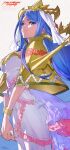  1girl aqua_hair bangs breasts capelet cleavage crown dress fire_emblem fire_emblem_engage headdress highres jewelry large_breasts long_hair looking_at_viewer lumera_(fire_emblem) mature_female mika_pikazo official_art ribbon sidelocks smile swept_bangs very_long_hair 