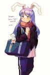  1girl 2023 :/ alternate_costume animal_ears bag bangs blush character_doll handbag happy_new_year highres inaba_tewi jacket long_hair looking_at_viewer mushiao nose_blush pants pink_eyes rabbit_ears red_scarf reisen_udongein_inaba scarf school_bag shoulder_bag simple_background solo stuffed_animal stuffed_toy touhou white_background 