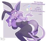 anthro biped breasts bunny_costume butt cleavage clothed clothing costume dialogue eeveelution espeon female fur generation_2_pokemon hi_res looking_at_viewer nintendo pokemon pokemon_(species) purple_body purple_fur snackbunnii solo tail white_eyes