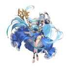  1girl absurdres asymmetrical_legwear axe azura_(fire_emblem) azura_(song&#039;s_reflection)_(fire_emblem) barefoot blue_hair dress elbow_gloves fake_horns fingerless_gloves fire_emblem fire_emblem_fates fire_emblem_heroes full_body gloves hair_between_eyes hairband highres horned_headwear horns jewelry juliet_sleeves long_hair long_sleeves official_art puffy_sleeves simple_background smile solo teffish veil very_long_hair white_veil yellow_eyes 