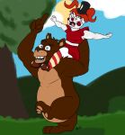 2016 3_toes 5_fingers anthro arms_out artooper024 bangs bear black_eyebrows black_nose blue_eyes blue_sky bottomwear bow_tie breasts brown_bear brown_body brown_clothing brown_footwear brown_fur brown_shoes cheek_spots circus_baby_(fnaf) clothing cloud colored crop_top day digital_drawing_(artwork) digital_media_(artwork) duo eyebrows eyelashes feet female fingers five_nights_at_freddy&#039;s flat_colors footwear freddy_(fnaf) fur gesture grass green_eyes hair hand_gesture hand_on_back hat headgear headwear hi_res hill human legwear lips male mammal multicolored_body multicolored_fur navel outside pattern_clothing pattern_legwear pattern_stockings pawpads paws pigtails pink_tongue plant pointing raised_leg red_clothing red_crop_top red_hair red_lips red_nose red_shirt red_topwear riding_shoulder scottgames shirt shoes signature silly_face sister_location skirt sky smile standing stockings striped_clothing striped_legwear striped_stockings stripes sun tan_body tan_fur tan_inner_ear tan_pawpads teeth thick_eyelashes toes tongue tongue_out top_hat topwear tree ursine white_body white_skin