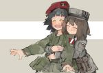  2girls absurdres beret black_hair blush borrowed_character brown_hair closed_eyes fulgora_(polilla) green_jacket green_pants grey_jacket hat heidi_(xerbatt) highres hug hug_from_behind jacket long_sleeves medium_hair multiple_girls original pants red_headwear smile upper_body xerbatt 