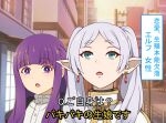  2girls blunt_bangs blurry commentary_request dangle_earrings depth_of_field earrings elf fern_(sousou_no_frieren) forehead frieren green_eyes grey_hair jewelry long_hair long_sleeves looking_at_another looking_at_viewer multiple_girls outdoors parody_request parted_bangs parted_lips pointy_ears purple_eyes purple_hair sidelocks sousou_no_frieren surprised suwaneko thick_eyebrows translation_request twintails 