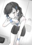  1girl ass bike_shorts blue_eyes blue_hair breasts camisole carrot_(robosquat) cleavage exercising gradient_hair long_hair mirror monochrome multicolored_hair original parted_lips ponytail reflection side_ponytail small_breasts solo spot_color sweat two-tone_hair wristband 