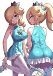  1girl aqua_dress aqua_eyes ass bare_shoulders blonde_hair breasts brooch covered_nipples cowboy_shot crown dress earrings eyelashes from_behind hair_over_one_eye high_ponytail highres holding_tennis_racket jewelry large_breasts long_hair looking_at_viewer mario_(series) mini_crown multiple_views pantyhose pink_lips rosalina short_dress simple_background sleeveless sleeveless_dress star_(symbol) star_brooch star_earrings toggy_keiichi white_background white_pantyhose 