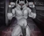 anthro biceps canid canine canis death_(puss_in_boots) dreamworks evil_face evil_grin exhibitionism genitals hi_res humanoid_genitalia humanoid_penis male mammal nickhiroshi nude penis puss_in_boots_(dreamworks) red_eyes sickle slightly_muscular smile solo threatening wolf