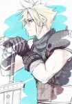  1boy armor black_gloves blonde_hair blue_eyes blue_sweater buster_sword closed_mouth cloud_strife commentary earrings final_fantasy final_fantasy_vii final_fantasy_vii_rebirth final_fantasy_vii_remake gloves hair_between_eyes hand_on_hilt highres holding holding_sword holding_weapon jewelry male_focus profile short_hair shoulder_armor single_bare_shoulder sleeveless sleeveless_turtleneck solo spiked_hair stud_earrings sweater sword turtleneck turtleneck_sweater uimooo1 upper_body weapon 