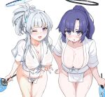  2girls blue_archive blunt_bangs breasts cleavage female_pubic_hair fundoshi halo happi japanese_clothes large_breasts multiple_girls noa_(blue_archive) ponytail pubic_hair purple_eyes purple_hair sacha simple_background sweat wet wet_clothes white_background white_hair yuuka_(blue_archive) 