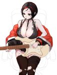  1girl bare_shoulders between_breasts black_hair black_nails black_thighhighs breasts cigarette cleavage crow_(nikke) electric_guitar fishnet_pantyhose fishnets goddess_of_victory:_nikke green_eyes guitar highres instrument jacket korean_commentary makeup mascara multicolored_hair off_shoulder oung69 pantyhose red_hair short_hair solo streaked_hair thighhighs torn_clothes torn_thighhighs 
