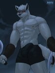  2023 absurd_res anthro black_sclera bulge canid canine canis clothing death_(puss_in_boots) dreamworks fur genital_outline grey_body grey_fur hi_res holding_object holding_weapon looking_at_viewer male mammal melee_weapon muscular muscular_anthro muscular_male penis_outline puss_in_boots_(film) puss_in_boots_the_last_wish rofu_kagazaki solo underwear weapon wolf 