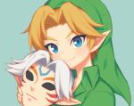2023 blonde_hair blue_eyes clothing elf hair humanoid humanoid_pointy_ears hylian light_body light_skin looking_at_viewer low_res majora&#039;s_mask male mask nintendo not_furry simple_background solo the_legend_of_zelda wusagi2 young_link