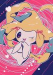  ;d absurdres commentary_request heart highres interlocked_fingers jirachi looking_at_viewer no_humans one_eye_closed open_mouth own_hands_together pink_ribbon pokemon pokemon_(creature) ribbon shiramizore_(rate1026) smile solo 