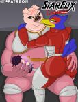 absurd_res anthro avian belly big_belly big_butt bird blue_body blue_feathers blush butt butt_grab clothing domestic_pig duo falco_lombardi feathers hand_on_butt hi_res holding_object looking_at_viewer male male/male mammal nintendo on_lap overweight overweight_male pigma_dengar pizzaozzy_(artist) sitting_on_lap size_difference star_fox suid suina sus_(pig) tight_clothing