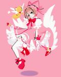  1girl antenna_hair bow bowtie brown_hair cardcaptor_sakura dress feathered_wings full_body fuuin_no_tsue gloves green_eyes highres holding holding_wand kero_(cardcaptor_sakura) kinomoto_sakura looking_at_viewer magical_girl marina_(mrn9) pink_background pink_dress pink_hat puffy_short_sleeves puffy_sleeves red_bow red_bowtie red_footwear shadow short_hair short_sleeves thighhighs wand white_gloves white_thighhighs white_wings wings 