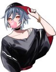  1girl arm_up bangle baseball_cap black_choker black_hat black_nails black_shirt blowing_bubbles bracelet chewing_gum choker collarbone cropped_torso fu_hua grey_hair hair_between_eyes hand_on_headwear hat honkai_(series) honkai_impact_3rd jewelry looking_at_viewer multicolored_hair nail_polish parted_lips red_eyes shirt short_hair short_sleeves sideways_hat simple_background solo streaked_hair upper_body white_background white_hair wide_sleeves yunomi_(yunomi_hs) 