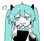  1girl :3 bbyong403 blue_eyes blue_hair blue_nails commentary detached_sleeves furrowed_brow hair_ornament hand_to_own_mouth hand_up hatsune_miku headset jaggy_lines long_hair long_sleeves looking_to_the_side open_mouth partially_colored puff_of_air shirt simple_background sleeveless sleeveless_shirt sleeves_past_wrists smirk smug solo twintails upper_body vocaloid wide_sleeves 
