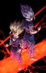  2boys absurdres back-to-back bare_shoulders biceps black_background blonde_hair blood blood_from_mouth blood_on_face blue_wristband boots clenched_hands closed_mouth collarbone commentary_request dougi dragon_ball dragon_ball_super dragon_ball_super_super_hero dual_persona energy facing_away frown full_body gohan_beast green_eyes grey_hair hands_up highres looking_at_viewer male_focus mocky_art multiple_boys muscular muscular_male pectorals profile red_eyes red_sash red_wristband sash scratches serious son_gohan spiked_hair standing super_saiyan super_saiyan_2 torn_clothes v-shaped_eyebrows wristband 
