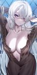  1girl absurdres armpits arms_up atelier_(series) atelier_ryza atelier_ryza_1 azur_lane bare_shoulders black_dress black_nails breasts bright_pupils cleavage closed_mouth collarbone cowboy_shot dress frilled_dress frills hair_over_one_eye heterochromia highres large_breasts lila_decyrus lila_decyrus_(moonlit_encounter) long_hair looking_at_viewer nail_polish navel no_bra panamuru purple_eyes red_eyes see-through solo standing very_long_hair white_hair 