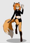 anthro black_clothing blue_eyes canid canine canis clawed_hands clothed clothing digital_media_(artwork) female fox fully_clothed fur hair hehehe hi_res mammal red_hair simple_background smile solo tail