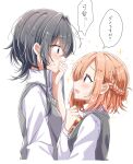  2girls asanagi_yori black_hair blue_eyes blush bow bowtie braid collared_shirt commentary covering_own_mouth english_commentary eye_contact french_braid grey_sweater_vest hand_up highres kino_himari long_hair looking_at_another multiple_girls open_mouth orange_eyes orange_hair red_bow red_bowtie sasayaku_you_ni_koi_wo_utau shirt simple_background sparkle speech_bubble sweatdrop sweater_vest thought_bubble translation_request upper_body white_background white_shirt yunagi_(yng_hoti) yuri 