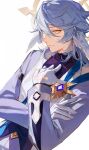  1boy closed_mouth earrings gloves grey_hair hair_between_eyes halo head_wings highres honkai:_star_rail honkai_(series) jewelry long_sleeves male_focus medium_hair solo srro_yo sunday_(honkai:_star_rail) upper_body white_background white_gloves white_wings wings yellow_eyes 