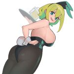  1girl alternate_breast_size amano_pikamee animal_ears ass back beer_mug blonde_hair breasts cowboy_shot cup curvy dismassd fake_animal_ears fake_tail from_behind from_below gradient_hair green_eyes green_hair green_leotard hair_between_eyes highres holding holding_tray large_breasts leotard looking_at_viewer looking_back medium_hair mug multicolored_hair open_mouth pantyhose playboy_bunny rabbit_ears rabbit_tail ribs sharp_teeth sideboob simple_background smile solo tail teeth tray virtual_youtuber voms white_background wrist_cuffs 
