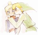  1boy 1girl blonde_hair green_hat green_shirt grey_eyes hand_on_another&#039;s_cheek hand_on_another&#039;s_face highres impossible_hair kiss link looking_at_viewer pointy_ears pointy_hat senzo6700 shirt tetra the_legend_of_zelda the_legend_of_zelda:_the_wind_waker toon_link 