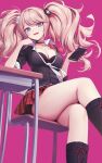  1girl bear_hair_ornament blue_eyes breasts cellphone chair cleavage commentary crossed_legs danganronpa:_trigger_happy_havoc danganronpa_(series) deadnooodles desk elbow_rest enoshima_junko feet_out_of_frame gyaru hair_ornament head_rest highres holding holding_phone large_breasts legs long_hair looking_at_viewer miniskirt monokuma necktie phone pink_background pink_hair plaid plaid_skirt red_nails red_skirt school_chair school_desk simple_background sitting skirt smartphone solo symbol-only_commentary thighs twintails white_necktie 