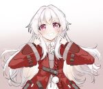  1girl absurdres blush clara_(honkai:_star_rail) coat coffee_ole collar grey_sweater hair_between_eyes highres honkai:_star_rail honkai_(series) long_bangs long_hair looking_at_viewer open_mouth pointing pointing_at_self red_coat red_eyes simple_background smile solo sweater teeth upper_body very_long_hair white_collar white_hair 