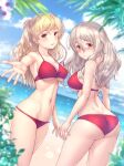  2girls alternate_costume ass beach bikini blonde_hair blue_sky blush breasts brown_eyes cloud day dimples_of_venus dutch_angle foreshortening hair_between_eyes horizon kantai_collection large_breasts long_hair looking_at_viewer multiple_girls navel nose_blush ocean outdoors outstretched_arm pola_(kancolle) red_bikini ryu-akt sky swimsuit thick_eyebrows zara_(kancolle) 