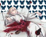  1boy ant blackworm_(ufre2773) bleeding blood blood_from_mouth blood_on_clothes blue_eyes bug butterfly butterfly_background disembowelment fate/grand_order fate_(series) feet_out_of_frame grimace guro highres insect_pin intestines long_sleeves lying male_focus moth oberon_(fate) on_back on_bed piercing robe solo white_hair white_robe 