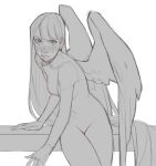  04tel 1girl angel_wings completely_nude feathered_wings highres long_hair looking_at_viewer monochrome nude original sketch solo standing wings 