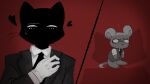 anthro black_tie_(suit) blush blush_lines bodily_fluids bunnycat bunnycatevil clothing domestic_cat duo eye_contact felid feline felis heart_symbol looking_at_another male male/male mammal mouse murid murine predator/prey red_background rodent scared shadow simple_background size_difference suit sweat topwear vest