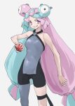  1girl aqua_hair asymmetrical_clothes bare_arms bare_shoulders bow-shaped_hair commentary grey_background grin highres holding holding_poke_ball iono_(pokemon) long_hair looking_at_viewer low-tied_long_hair multicolored_hair pink_eyes pink_hair poke_ball poke_ball_(basic) pokemon sharp_teeth simple_background single_pantsleg smile solo split-color_hair tanabe_(fueisei) teeth two-tone_hair very_long_hair 