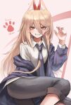  1girl animal_ears animal_hands blonde_hair blue_jacket blue_necktie cat_ears cat_paws cat_tail chainsaw_man character_name claw_pose collared_shirt cross-shaped_pupils deyo_(nicijyou) drawn_whiskers hair_between_eyes highres jacket long_hair looking_at_viewer necktie off_shoulder pants pants_rolled_up parted_lips power_(chainsaw_man) scythe sharp_teeth shirt simple_background smile solo symbol-shaped_pupils tail teeth white_background white_shirt yellow_eyes 