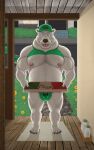 absurd_res anthro areola bear belly biceps big_belly big_bulge biped body_hair bulge chest_hair clothed clothing container delivery_(commerce) delivery_employee detailed_background detailed_bulge fayrofire food hair hi_res male male_anthro mammal musclegut muscular muscular_anthro muscular_male nipples overweight pecs pizza_box plantigrade polar_bear solo uber_eats ursine