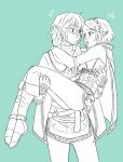  1boy 1girl absurdres boots cape carrying champion&#039;s_tunic_(zelda) green_background hair_ornament hairclip highres itsboadc link looking_at_another monochrome pants pointy_ears princess_carry princess_zelda short_hair the_legend_of_zelda the_legend_of_zelda:_tears_of_the_kingdom 