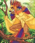  anthro branch claws fangs feathers green_eyes hi_res in_tree jungle male mordorinka nude on_branch open_mouth orange_body plant reptile scalie solo teeth tongue tree winged_arms wings wood 