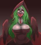  big_breasts blood blood_from_eye bloodstained:_ritual_of_the_night bodily_fluids breasts brown_background brown_clothing brown_dress cleavage clothed clothing cyhyraeth_(bloodstained) dress female ghost green_hair grey_body grey_skin hair hi_res hood huge_breasts humanoid long_hair monstrous_humanoid morgan_zero02 nightmare_fuel open_mouth red_eyes saliva sharp_teeth simple_background solo spirit teeth undead 