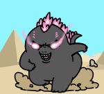 4_fingers affea angry black_body chibi dust_cloud fingers glowing glowing_eyes godzilla godzilla_(series) kaiju male open_mouth pink_body pink_scales pyramid running scales sky solo tail teeth toho tongue