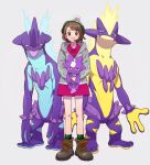  1girl 3others animal beret brown_eyes brown_footwear brown_hair dress gloria_(pokemon) grey_jacket hat highres holding holding_animal jacket maiko_(setllon) multiple_others nintendo plaid_socks pokemon pokemon_(creature) pokemon_(game) pokemon_swsh short_hair smile toxel toxtricity toxtricity_(amped) toxtricity_(low_key) 