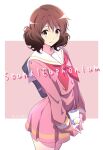  1girl alternate_costume brown_eyes brown_hair copyright_name english_text hibike!_euphonium highres jacket kitauji_high_school_uniform neckerchief nii_manabu oumae_kumiko pink_jacket pink_neckerchief pink_skirt school_uniform skirt smile solo tuba-kun 