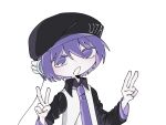  1girl beret black_hat cable cho_(chora_otaku00) collared_shirt double_v hands_up hashtag-only_commentary hat headgear long_sleeves looking_at_viewer necktie open_mouth purple_eyes purple_hair purple_necktie shirt short_hair solo upper_body utane_uta utau v 