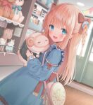  1girl :d bad_id bad_twitter_id bag bangs blonde_hair blue_dress blue_eyes blurry blurry_background blush bow braid brown_bow depth_of_field dress dutch_angle from_side hair_bow highres holding holding_stuffed_toy indoors long_hair long_sleeves looking_at_viewer looking_to_the_side nufucha original pennant puffy_long_sleeves puffy_sleeves shoulder_bag sleeves_past_wrists smile solo string_of_flags stuffed_animal stuffed_cat stuffed_sheep stuffed_toy teddy_bear teeth twin_braids two_side_up upper_teeth_only very_long_hair 